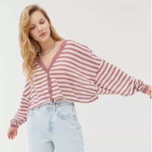 Urban Outfitters Cropped White and Rust Button Up Pullover, Size Medium